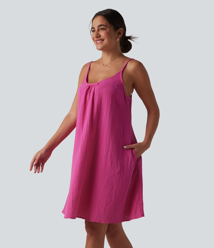 Robe nuisette mini fluide casual en coton bretelles réglables avec poches