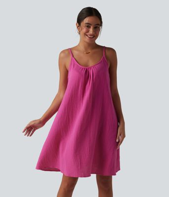 Robe nuisette mini fluide casual en coton bretelles réglables avec poches