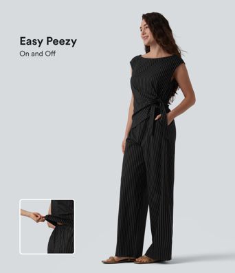 Ärmelloser Jumpsuit mit U-Boot-Ausschnitt, Seitentaschen, seitlichen Bindebändern, Streifen und Cool-Touch - Easy Peezy Edition