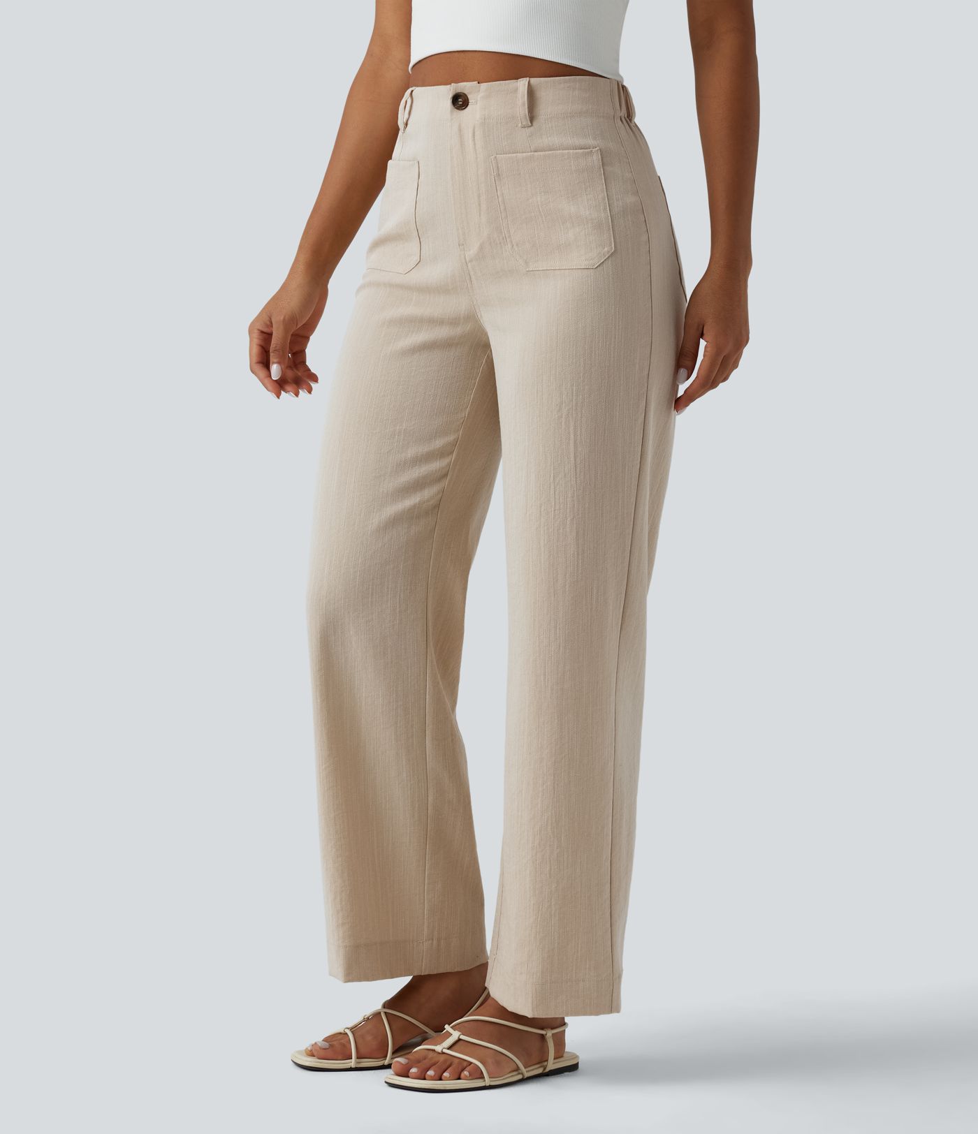 High Waisted Straight Leg Casual Linen-Feel Pants with Pockets