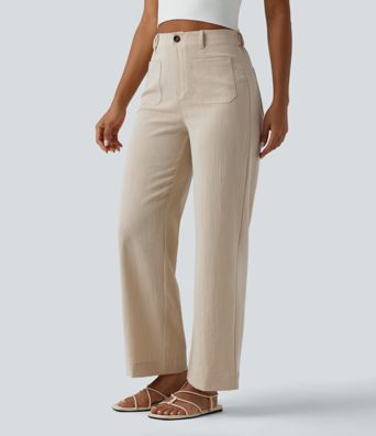High Waisted Straight Leg Casual Linen-Feel Pants with Pockets