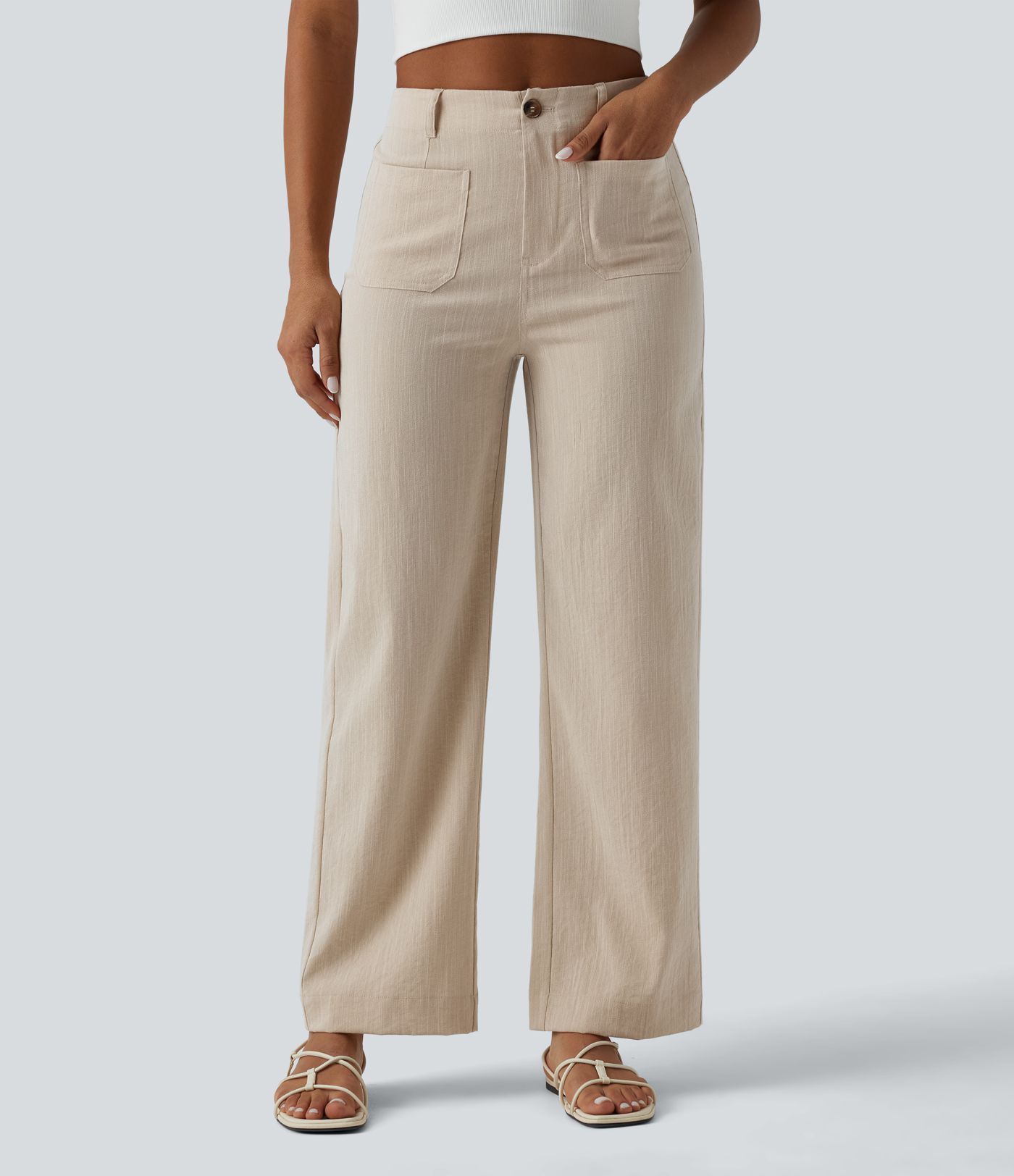 High Waisted Straight Leg Casual Linen-Feel Pants with Pockets