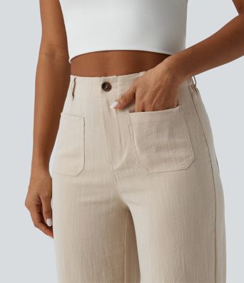High Waisted Straight Leg Casual Linen-Feel Pants with Pockets