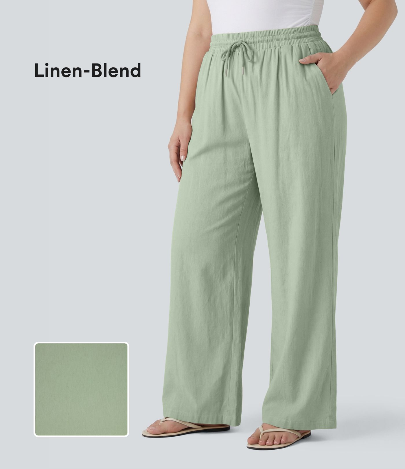 Plus Size High Waisted Drawstring Wide Leg Casual Linen-Blend Pants with Pockets