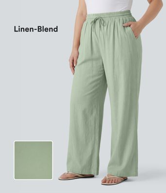 Plus Size High Waisted Drawstring Wide Leg Casual Linen-Blend Pants with Pockets