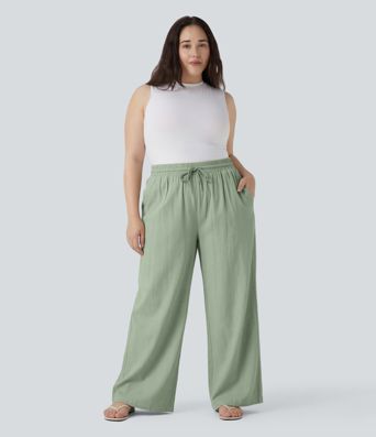 Plus Size High Waisted Drawstring Wide Leg Casual Linen-Blend Pants with Pockets