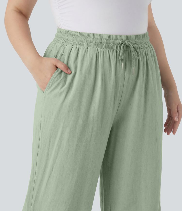 Plus Size High Waisted Drawstring Wide Leg Casual Linen-Blend Pants with Pockets