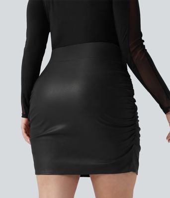 Plus Size High Waisted Tummy Control Ruched Curved Hem 2-in-1 Bodycon Fleece PU Leather Mini Skirt-Longer Length
