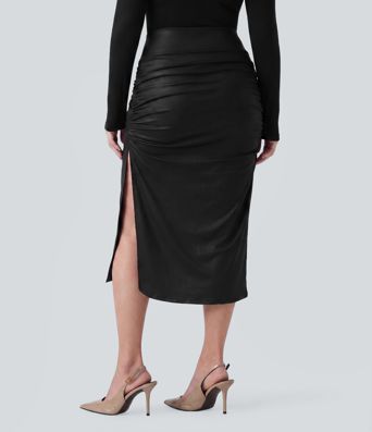 Plus Size High Waisted Tummy Control Ruched Curved Hem 2-in-1 Fleece PU Leather Midi Casual Skirt