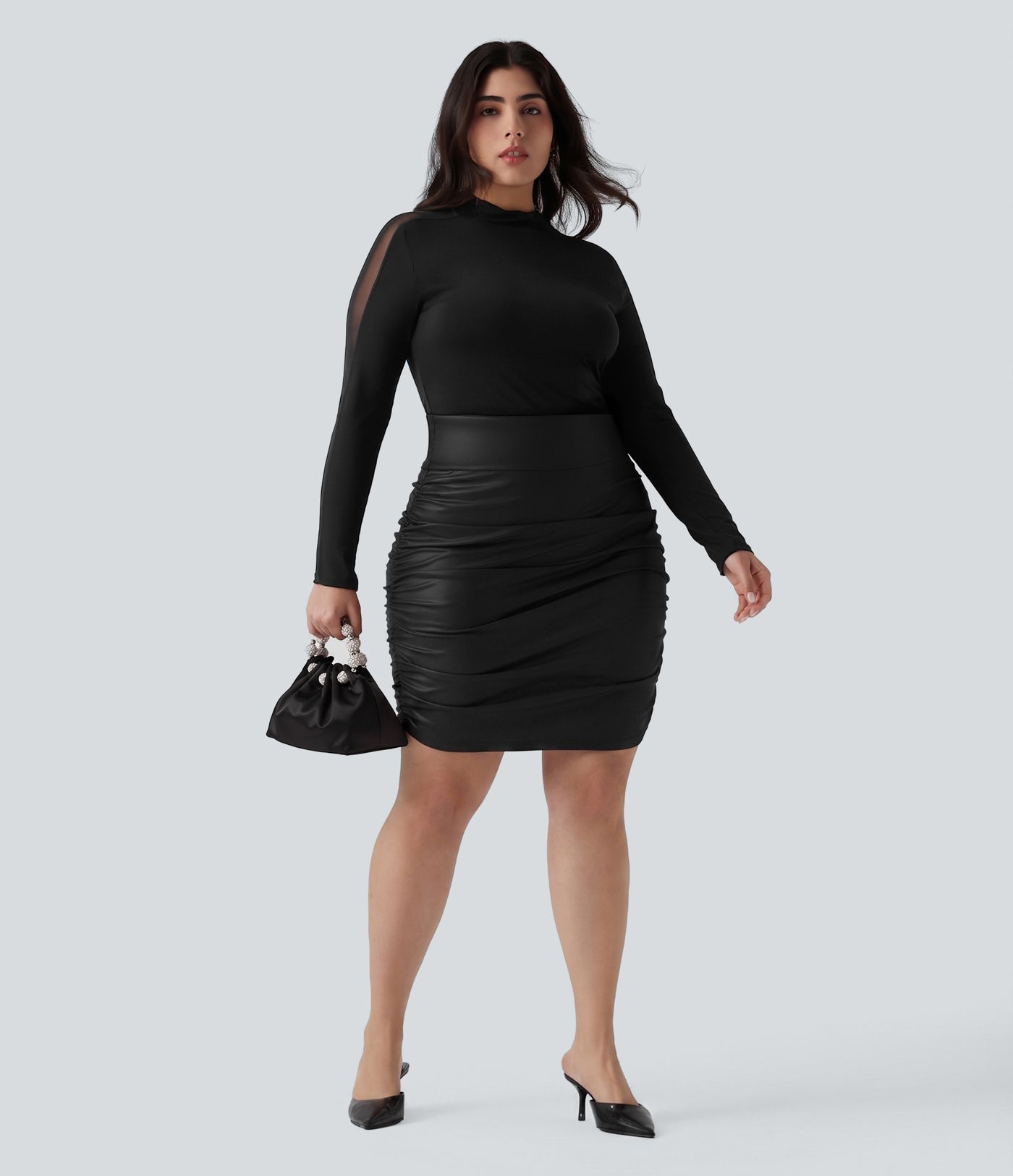 Plus Size High Waisted Tummy Control Ruched Curved Hem 2-in-1 Bodycon Fleece PU Leather Mini Skirt-Longer Length