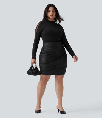 Plus Size High Waisted Tummy Control Ruched Curved Hem 2-in-1 Bodycon Fleece PU Leather Mini Skirt-Longer Length