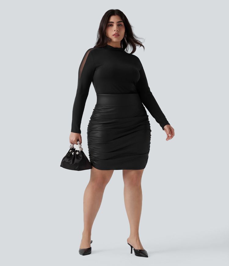 Plus Size High Waisted Tummy Control Ruched Curved Hem 2-in-1 Bodycon Fleece PU Leather Mini Skirt-Longer Length