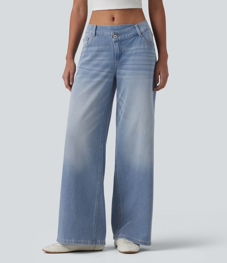 Halara Flex™ Baggy Jeans Low Rise mit Knopf und Reißverschluss, mehreren Taschen, weitem Bein