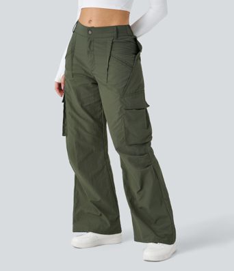 Mid Rise Button Zipper Side Pocket Wide Leg Casual Cargo Pants
