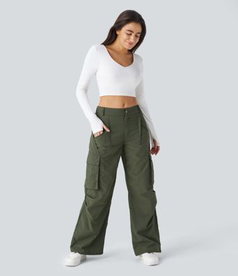 Mid Rise Button Zipper Side Pocket Wide Leg Casual Cargo Pants