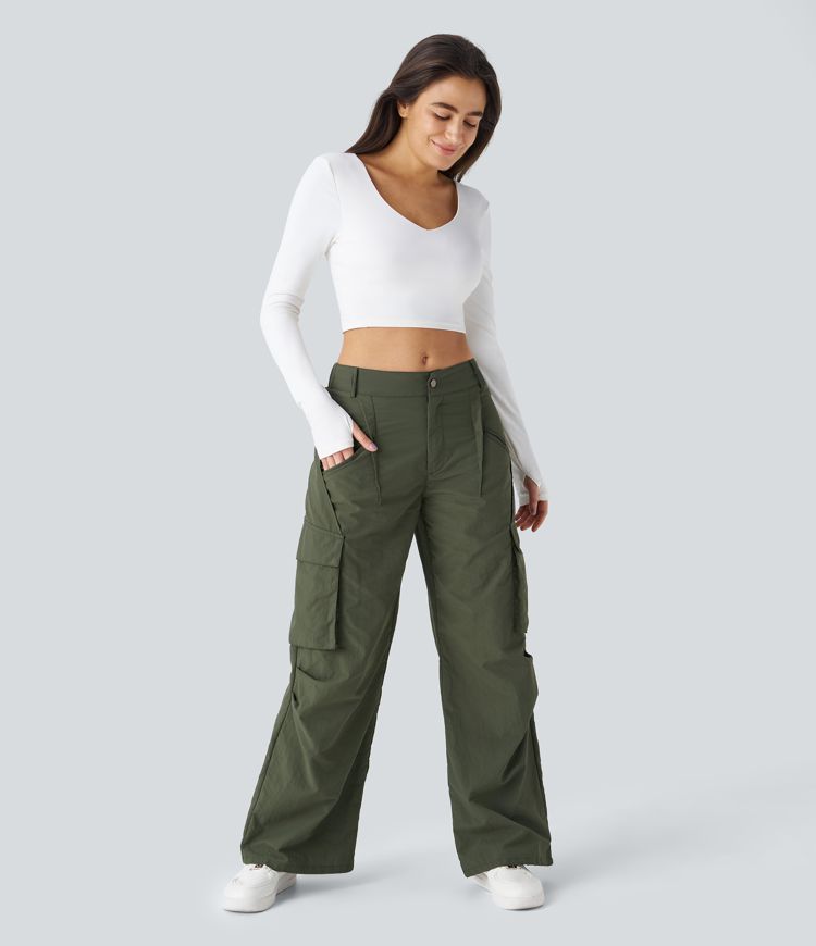 Mid Rise Button Zipper Side Pocket Wide Leg Casual Cargo Pants