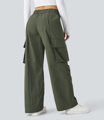 Mid Rise Button Zipper Side Pocket Wide Leg Casual Cargo Pants