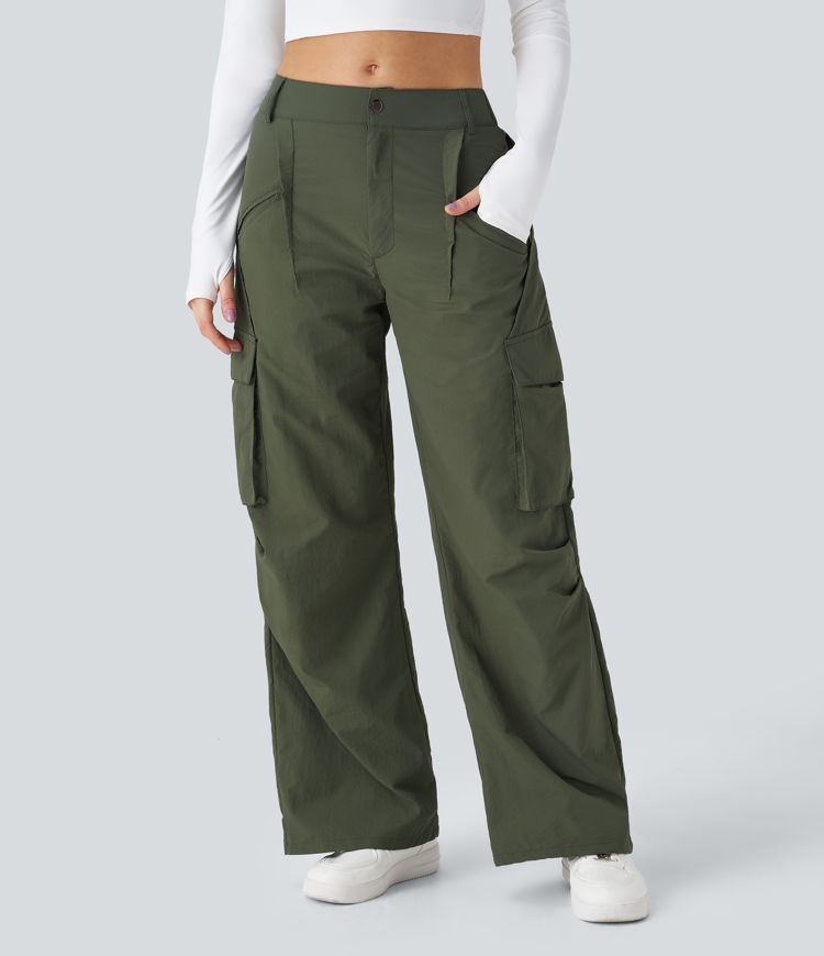 Mid Rise Button Zipper Side Pocket Wide Leg Casual Cargo Pants