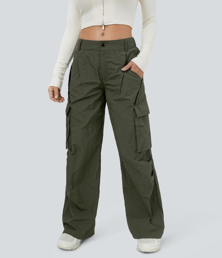 Mid Rise Button Zipper Side Pocket Wide Leg Casual Cargo Pants