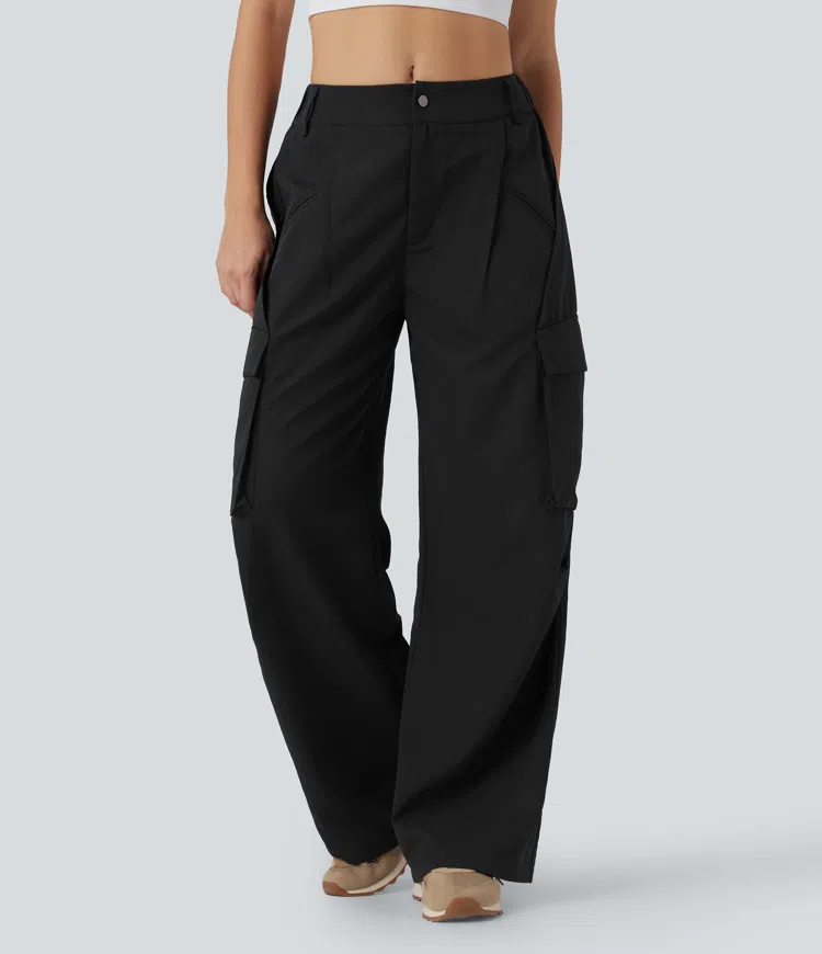 Mid Rise Button Zipper Side Pocket Wide Leg Baggy Casual Cargo Pants