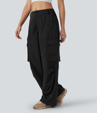 Mid Rise Button Zipper Side Pocket Wide Leg Casual Cargo Pants