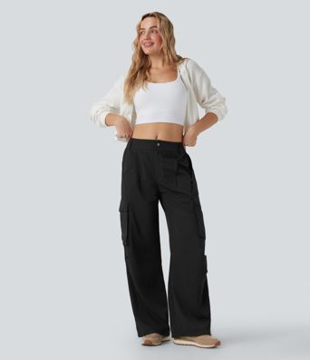 Mid Rise Button Zipper Side Pocket Wide Leg Casual Cargo Pants
