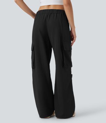 Mid Rise Button Zipper Side Pocket Wide Leg Casual Cargo Pants