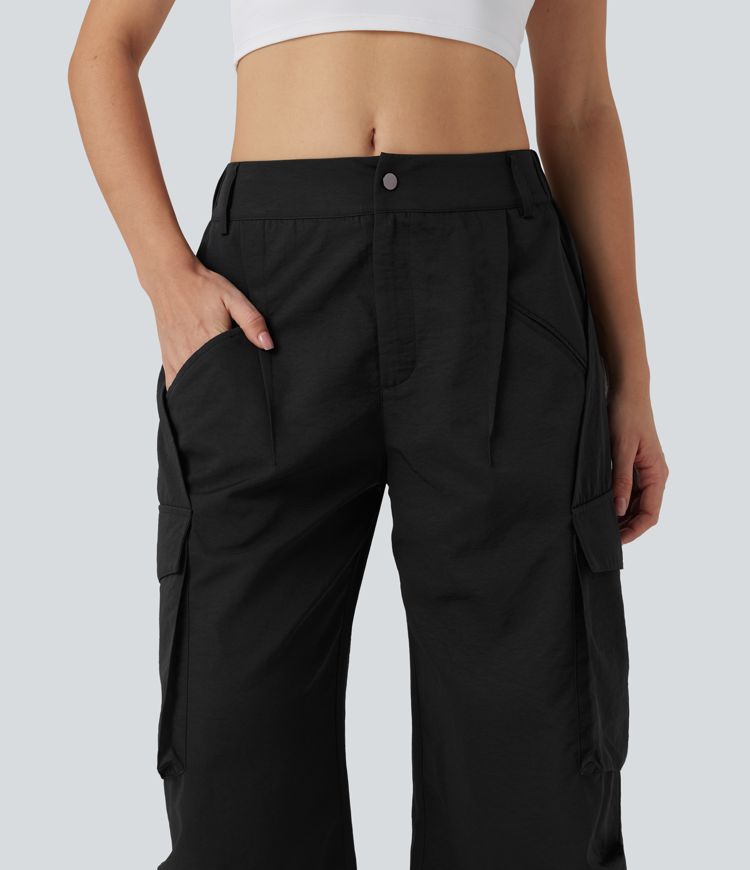 Mid Rise Button Zipper Side Pocket Wide Leg Casual Cargo Pants