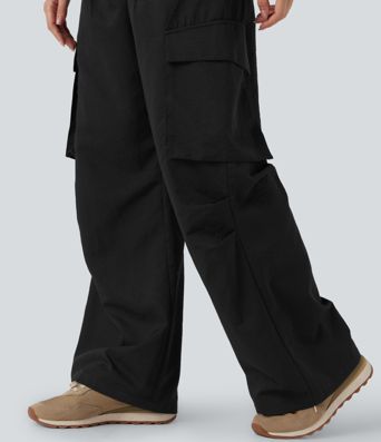 Mid Rise Button Zipper Side Pocket Wide Leg Casual Cargo Pants