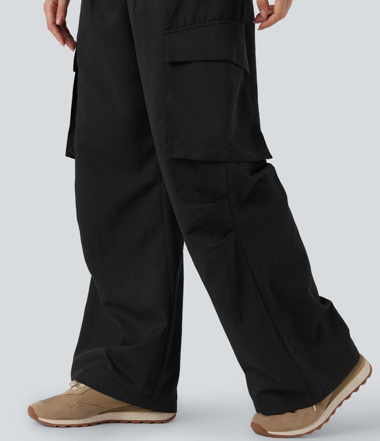 Mid Rise Button Zipper Side Pocket Wide Leg Casual Cargo Pants
