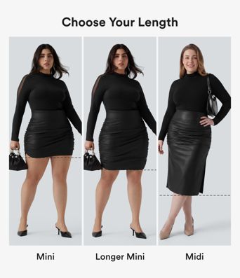 Plus Size High Waisted Tummy Control Ruched Curved Hem 2-in-1 Fleece PU Leather Midi Casual Skirt