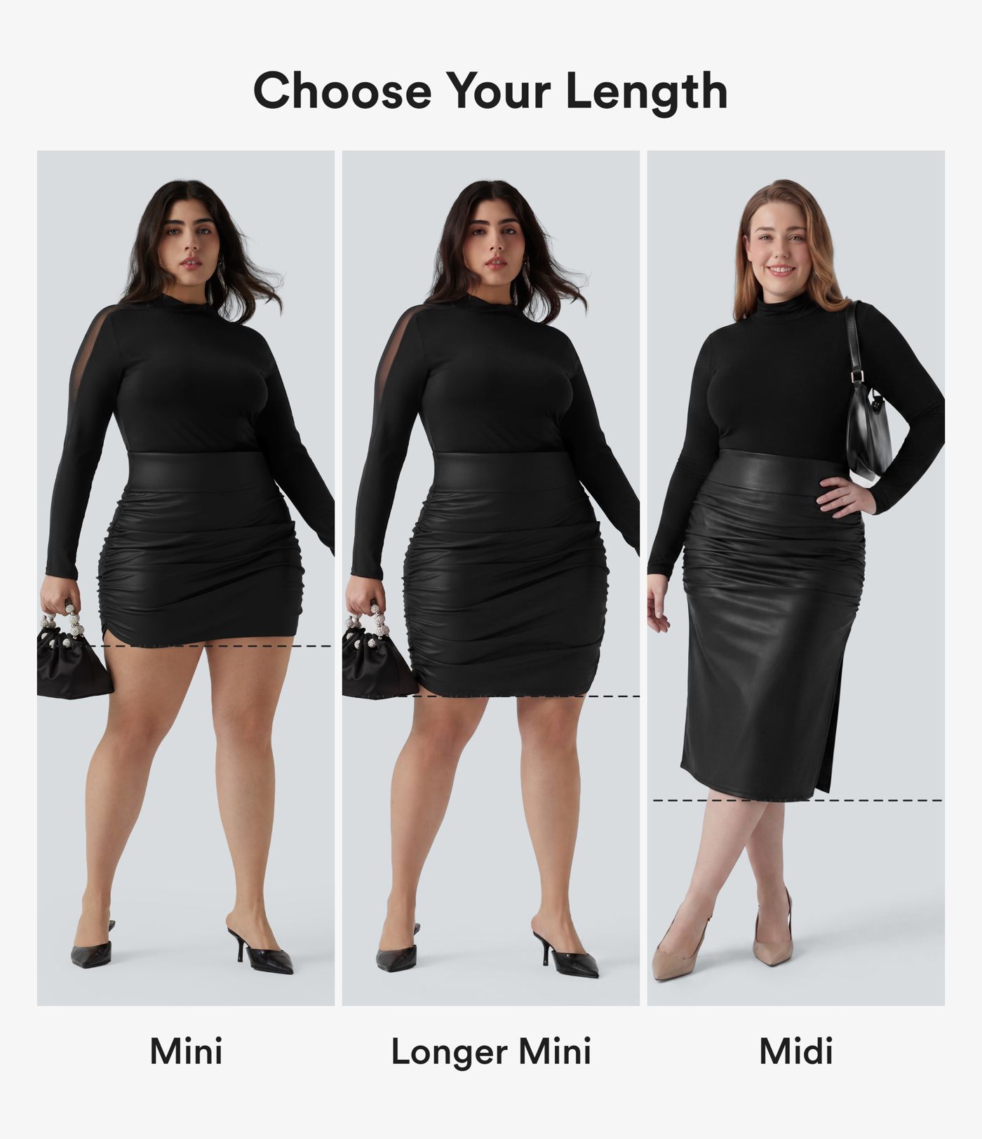 High Waisted Tummy Control Ruched Curved Hem 2-in-1 Fleece PU Mini Bodycon Party Plus Size Skirt