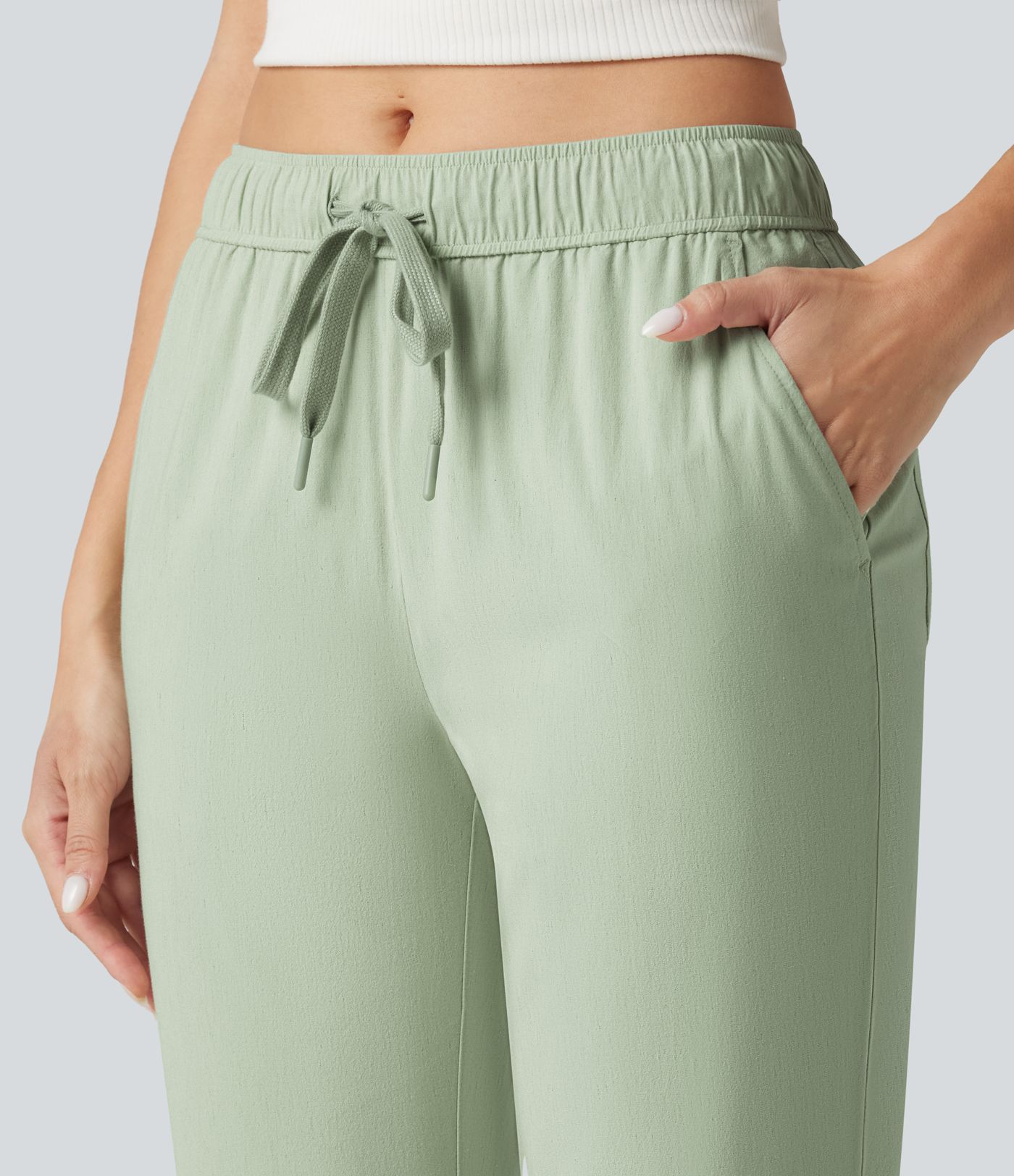 Mid Rise Drawstring Casual Stretch Linen Slim Pants with Pockets