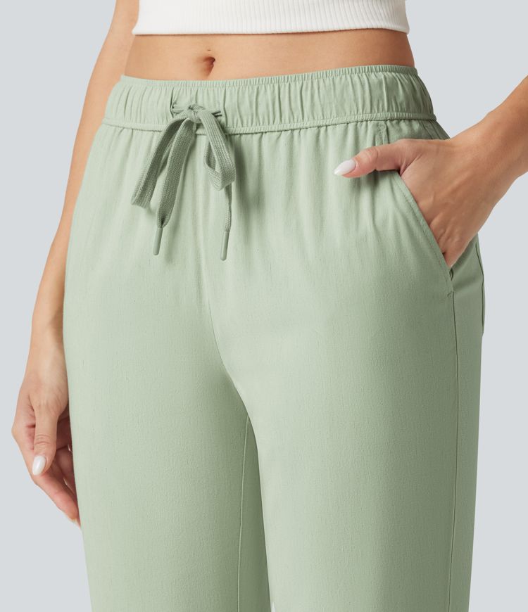 Mid Rise Drawstring Casual Stretch Linen Slim Pants with Pockets