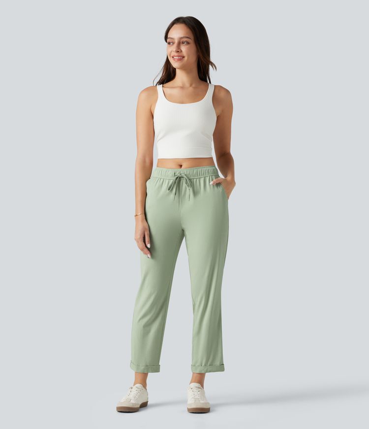 Mid Rise Drawstring Casual Stretch Linen Slim Pants with Pockets