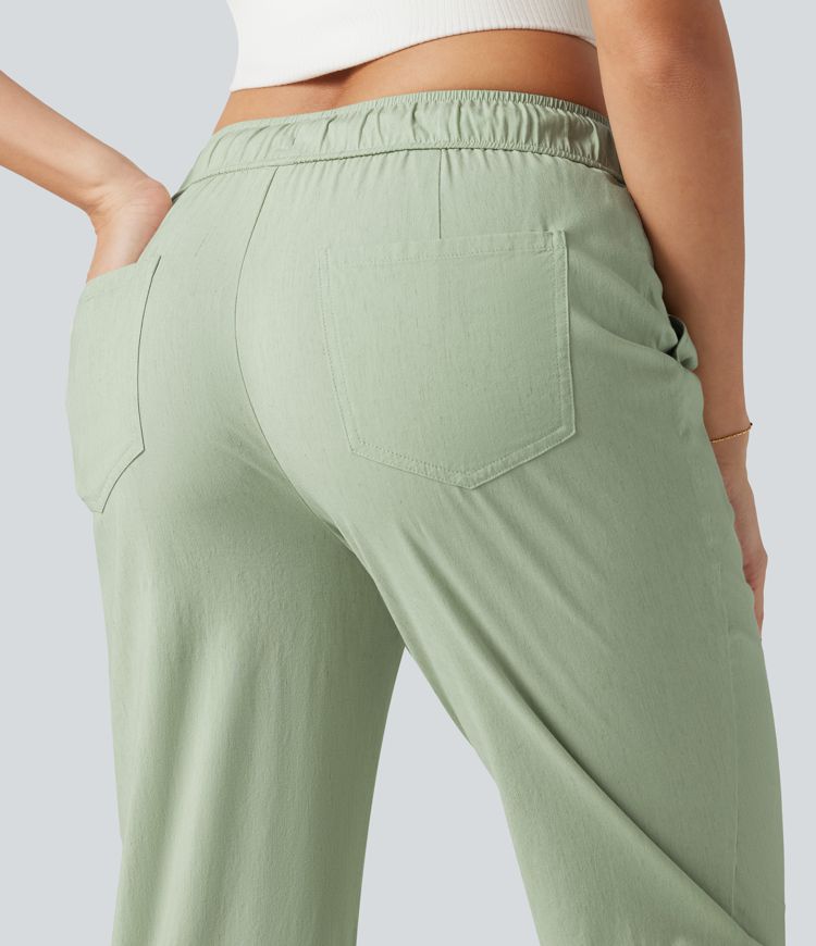 Mid Rise Drawstring Casual Stretch Linen Slim Pants with Pockets