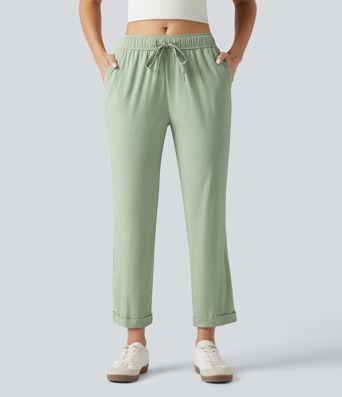 Mid Rise Drawstring Casual Stretch Linen Slim Pants with Pockets