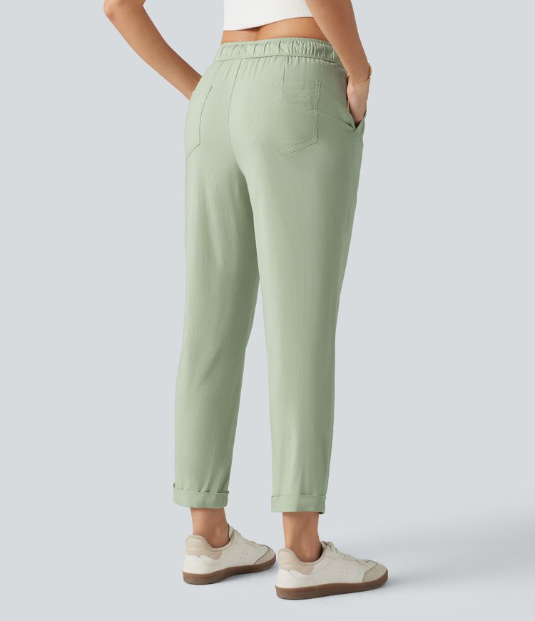 Mid Rise Drawstring Casual Stretch Linen Slim Pants with Pockets