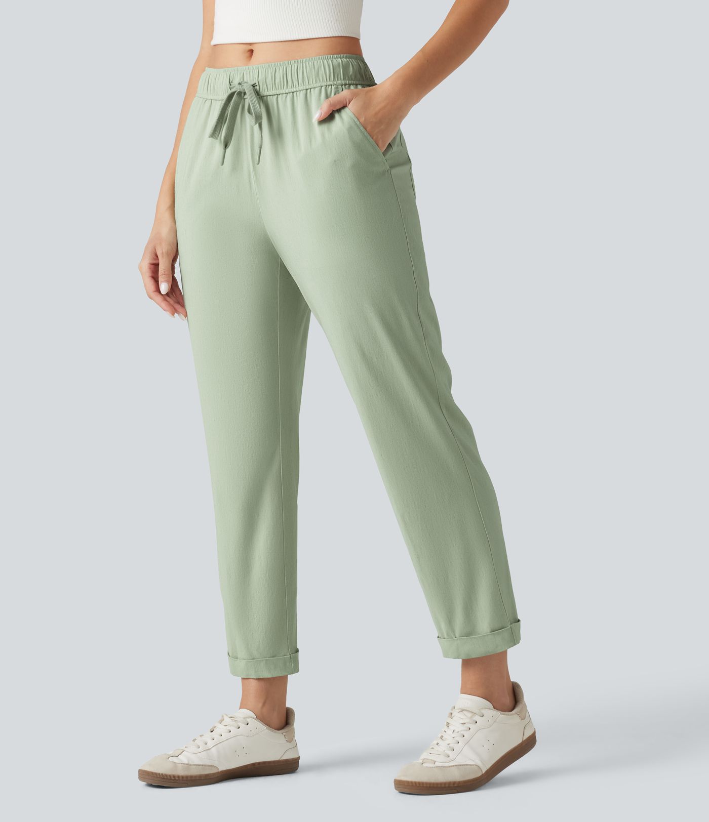 Mid Rise Drawstring Casual Stretch Linen Slim Pants with Pockets