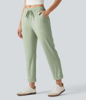 Mid Rise Drawstring Casual Stretch Linen Slim Pants with Pockets