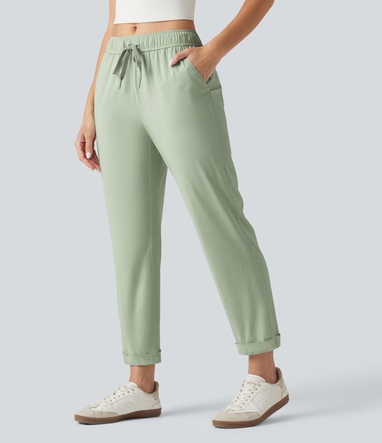 Mid Rise Drawstring Casual Stretch Linen Slim Pants with Pockets