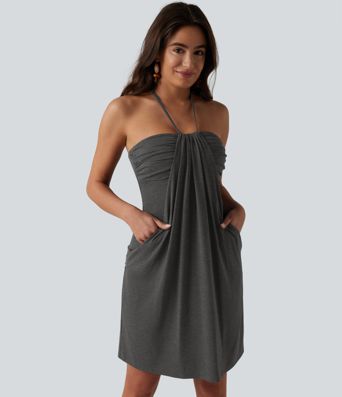 Halter Tie Back Built-in Bra Mini Dress with Pockets