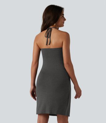 Halter Tie Back Built-in Bra Mini Dress with Pockets