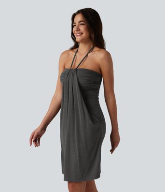 Halter Tie Back Built-in Bra Mini Dress with Pockets