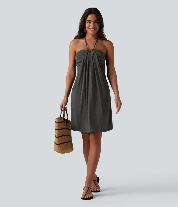Halter Tie Back Built-in Bra Mini Dress with Pockets