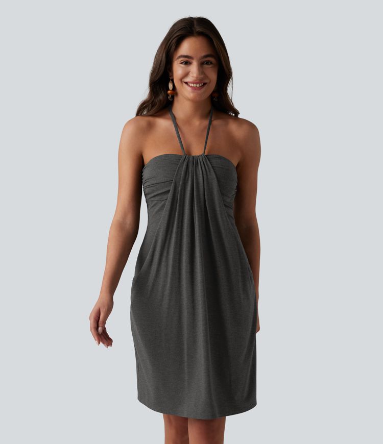 Halter Tie Back Built-in Bra Longer Mini Dress with Pockets