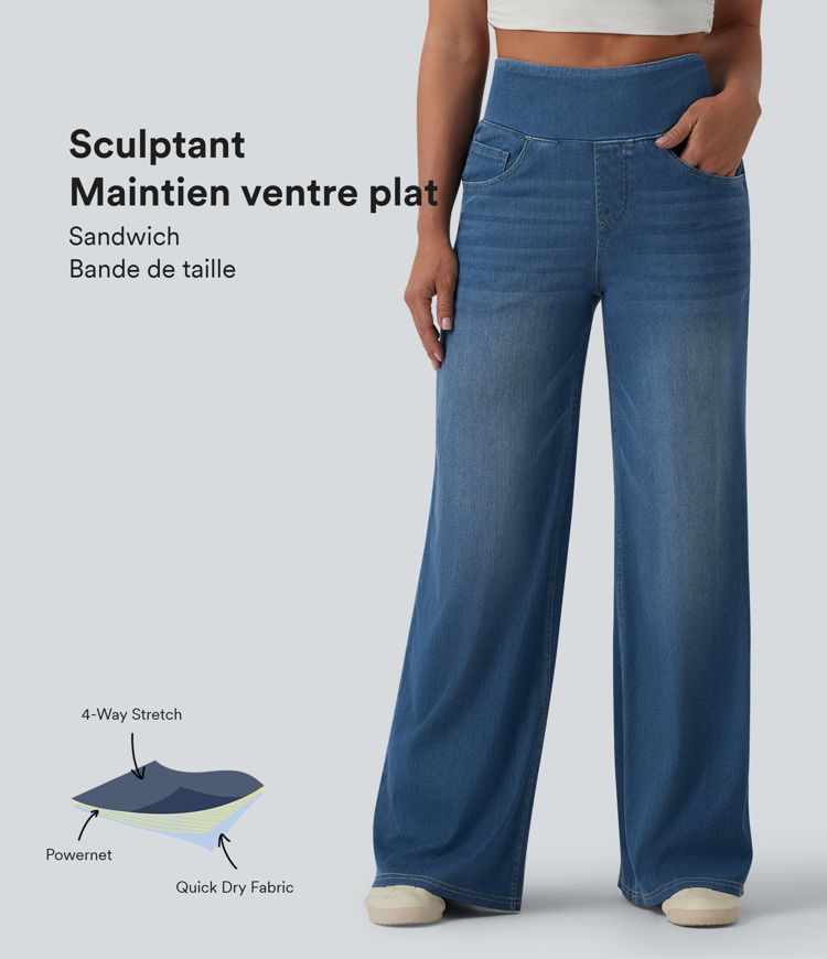 Halara Flex™ Jean large casual taille haute ventre plat, en lyocell drapé effet délavé, avec poches Halara Flex™ Jean large casual taille haute ventre plat, en lyocell drapé effet délavé, avec poches