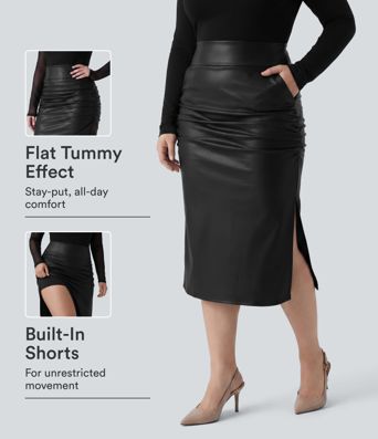 Plus Size High Waisted Tummy Control Ruched Curved Hem 2-in-1 Fleece PU Leather Midi Casual Skirt