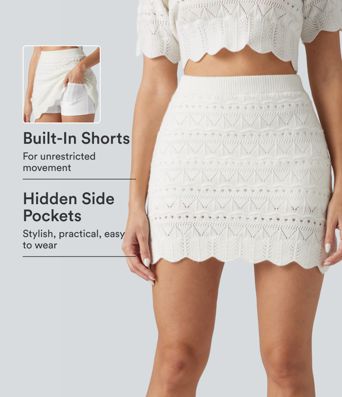High Waisted 2-in-1 Open Knit Mini Casual Sweater Skirt with Pockets-Longer Length