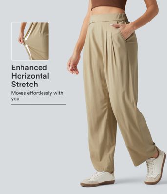 High Waisted Tapered Casual Stretch Linen Pants with Pockets